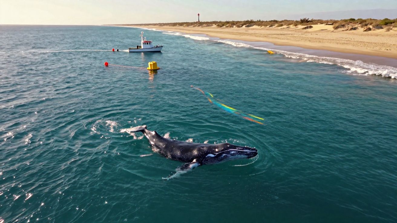 Baleia nadando perto da costa com barco, bóias e farol visíveis ao fundo sob céu claro.