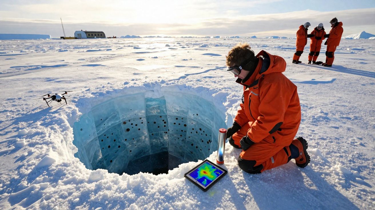 Cientista em roupa laranja analisa equipamento junto a buraco em gelo, com três pessoas ao longe e drone no gelo.