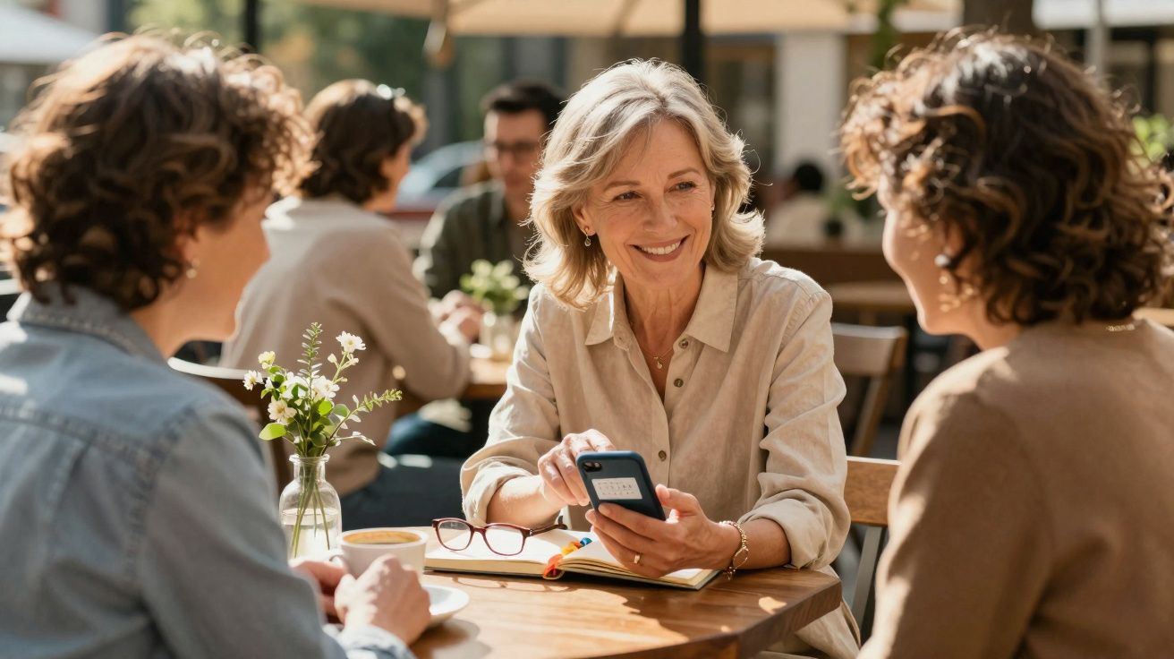 Três mulheres sentadas numa esplanada, sorrindo e conversando enquanto uma segura um telemóvel.