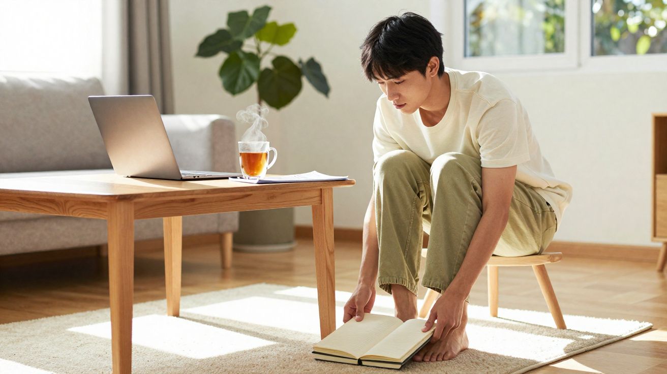 Pessoa sentada em banco baixo lê livro à luz do dia em sala com mesa, chá e computador portátil.