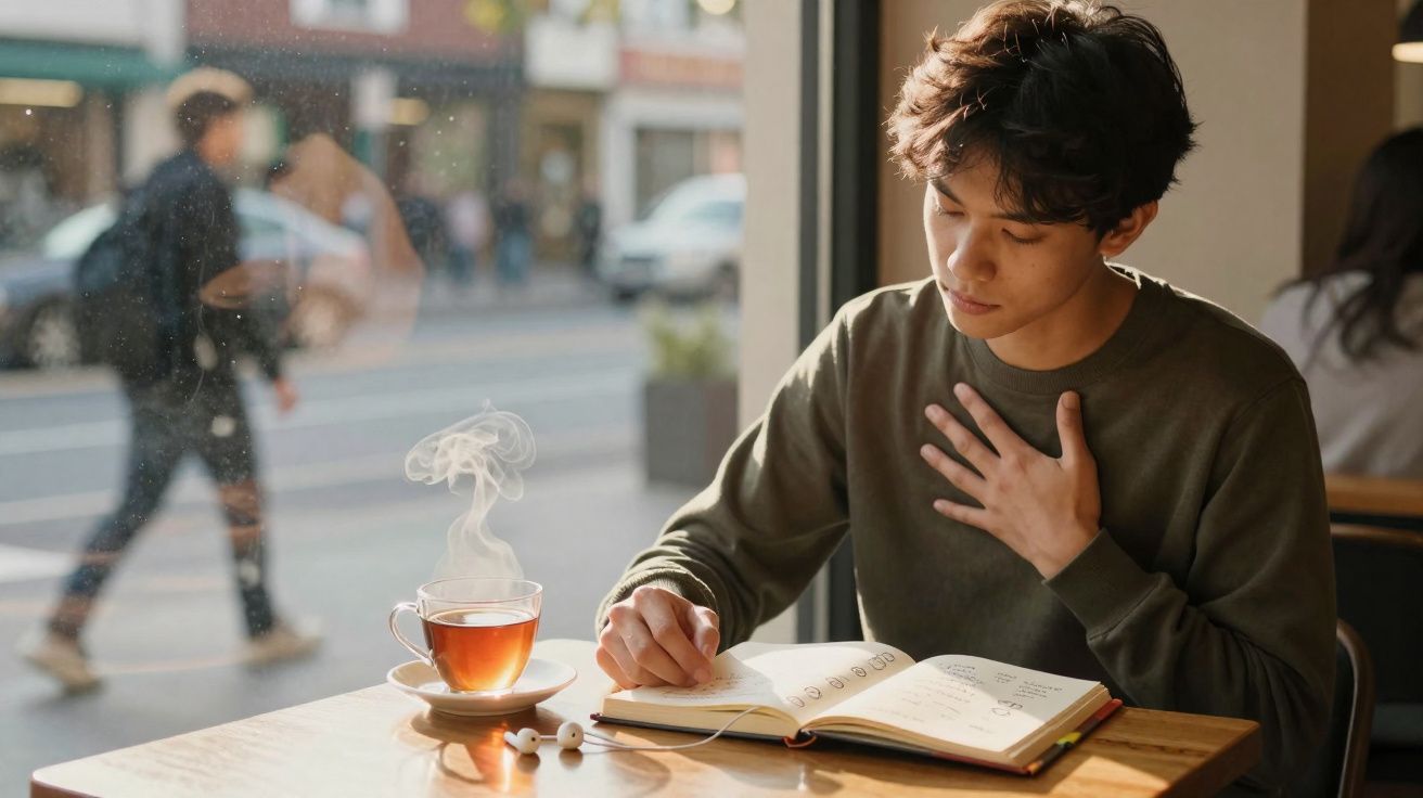 Jovem sentado à mesa com chá quente a fazer anotações num caderno numa cafetaria junto à janela.