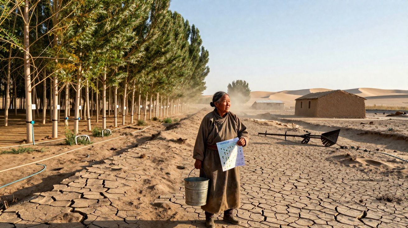 Mulher com balde em terreno seco e rachado, perto de fileira de árvores e casa no deserto.
