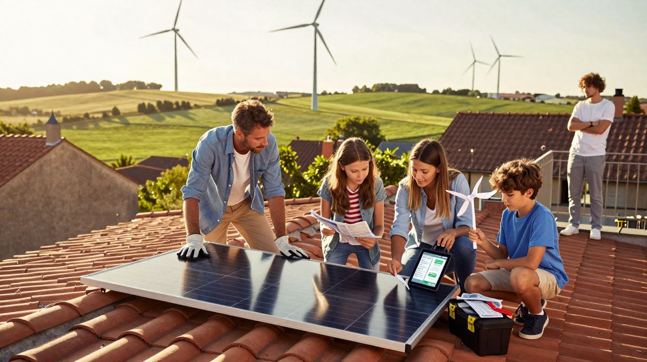 Família em telhado a instalar painel solar, com eólicas e campo verde ao fundo numa tarde ensolarada.