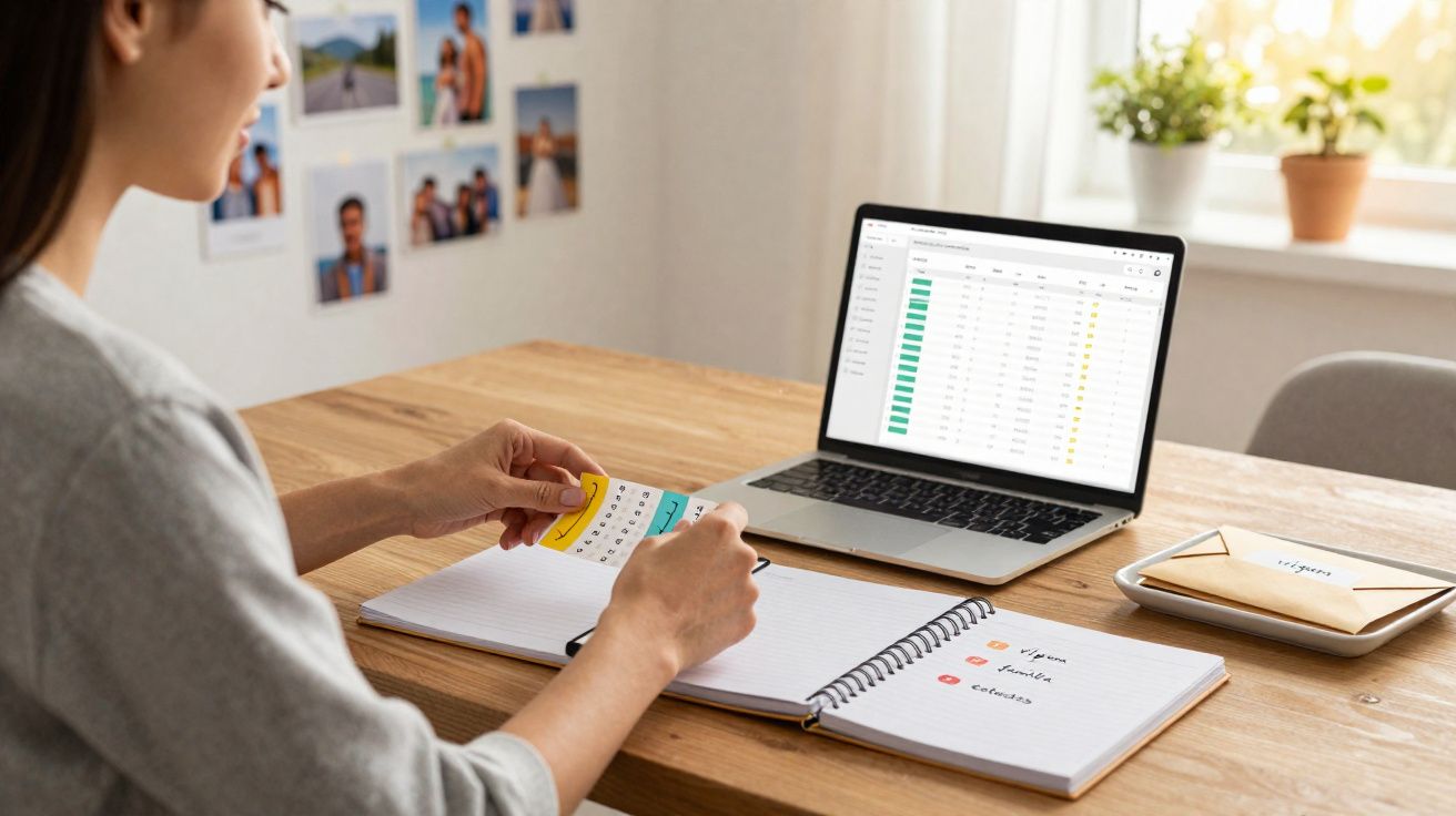 Pessoa a organizar um calendário enquanto trabalha num computador portátil numa secretária de madeira.