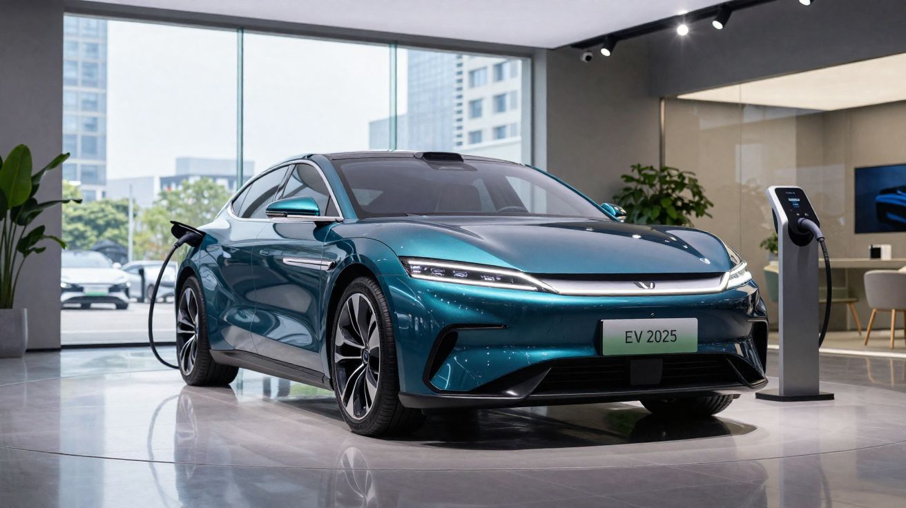 Carro elétrico azul turquesa a ser carregado numa estação de carregamento numa sala moderna com janelas grandes.