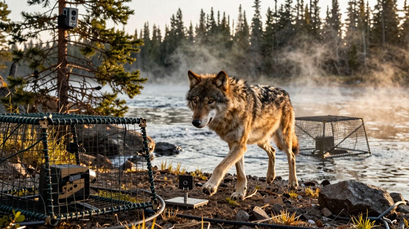 Lobo cinzento junto a armadilhas e sensores numa margem rochosa junto a um rio com nevoeiro ao fundo.