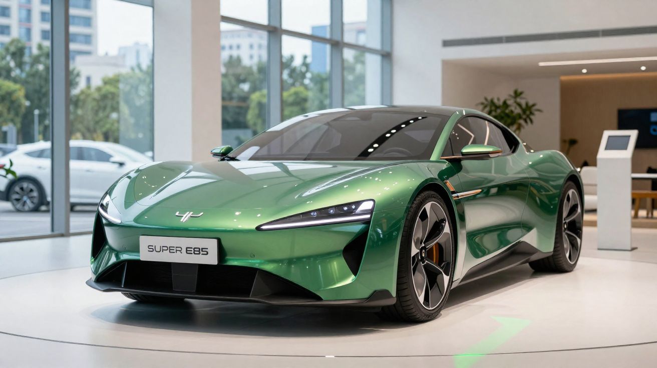 Carro elétrico desportivo verde expos em ambiente interior moderno com janelas grandes e piso branco.