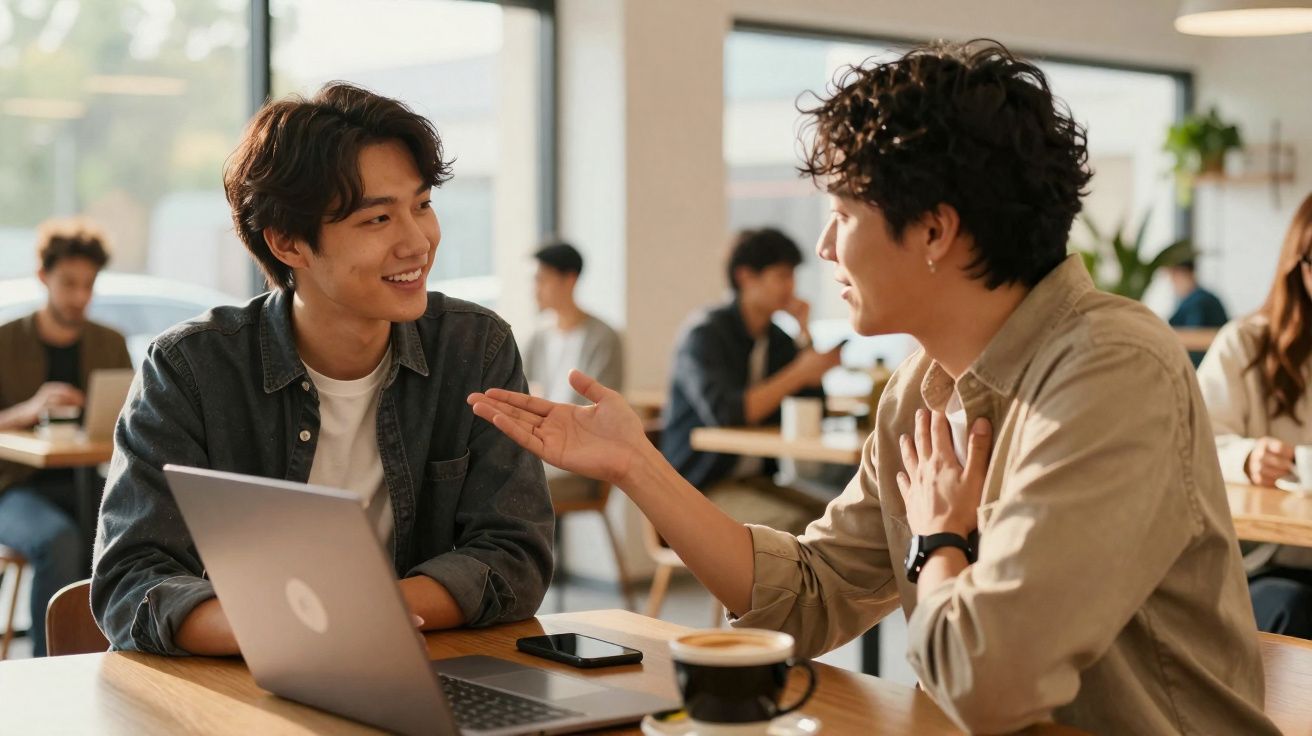 Duas pessoas a conversar num café, com computador portátil e café na mesa.