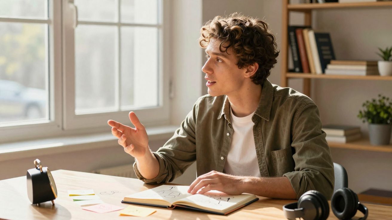 Jovem sentado numa mesa com caderno aberto, a apontar e conversar num ambiente de estudo iluminado.