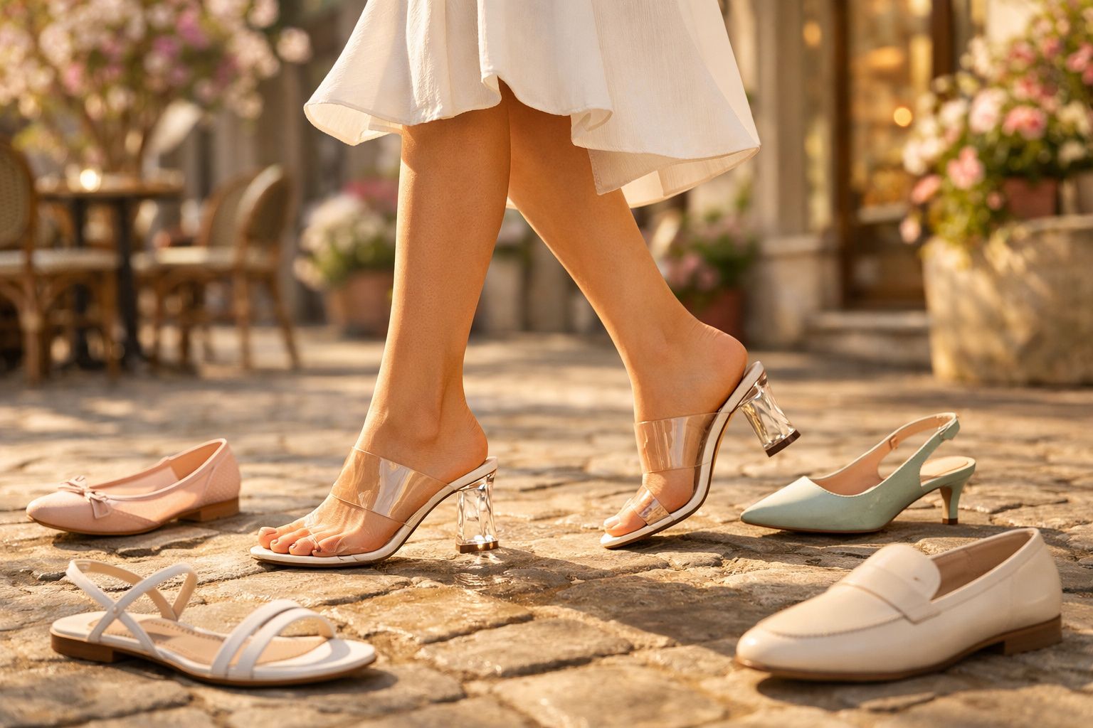 Pés femininos com sandálias transparentes de salto num chão de pedra rodeados por vários sapatos delicados e elegantes.