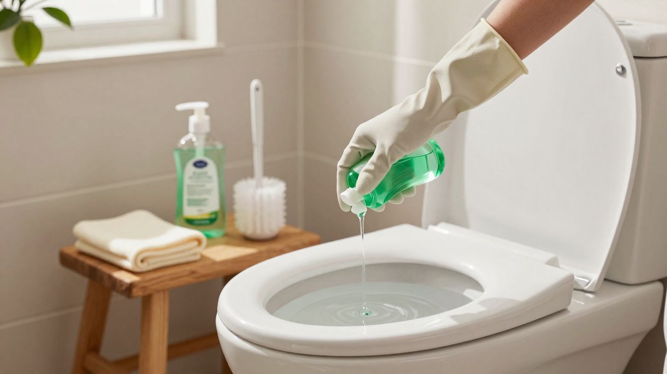 Mão com luva a despejar líquido de limpeza verde dentro de sanita branca aberta numa casa de banho.