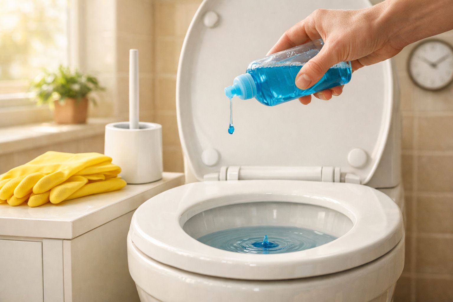 Mão a verter produto azul de limpeza no interior de sanita branca num casa de banho iluminada.