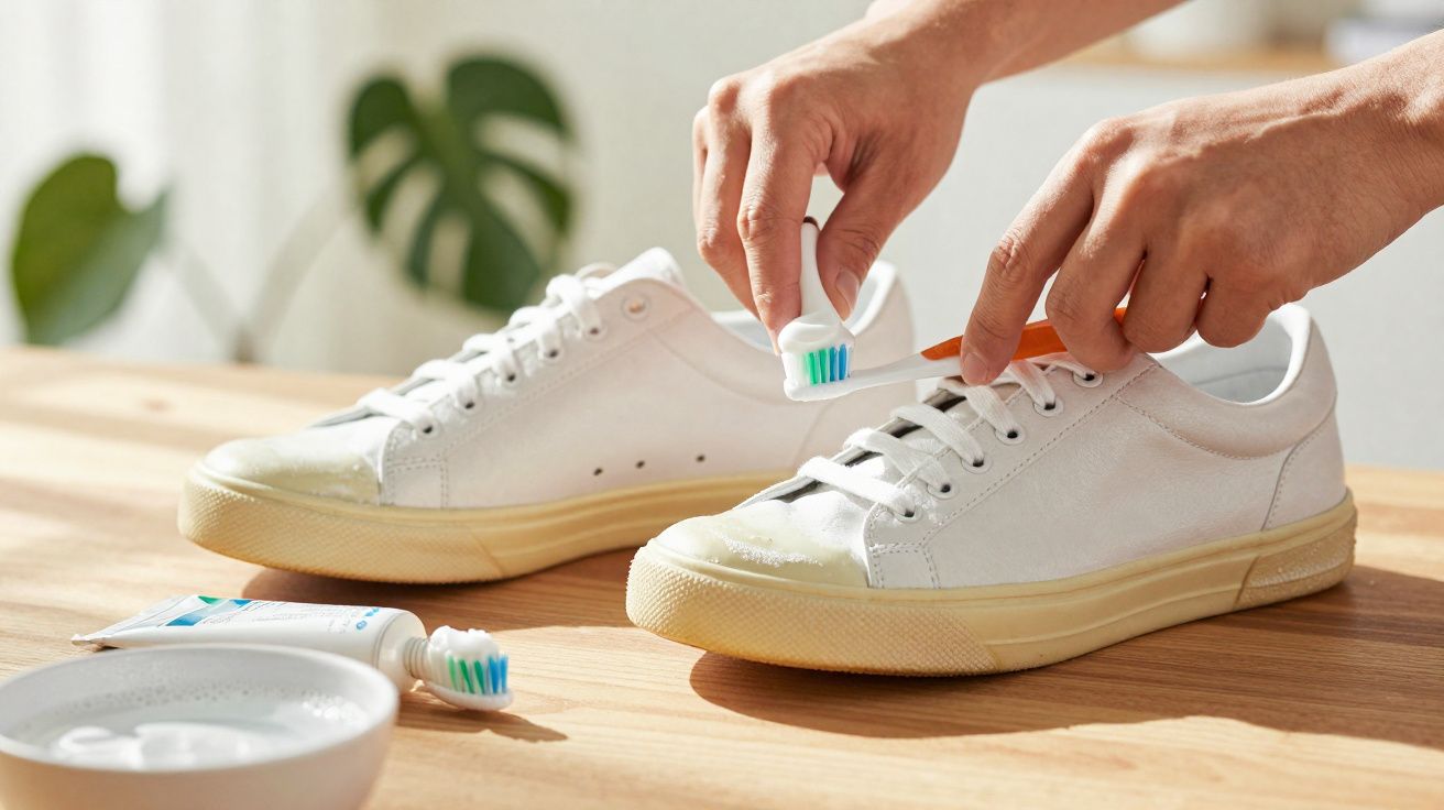 Pessoa a aplicar pasta de dentes numa escova para limpar ténis brancos sobre mesa de madeira.