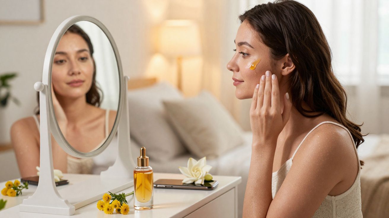 Mulher aplica sérum no rosto sentada à frente de espelho num quarto com decoração suave e luz natural.