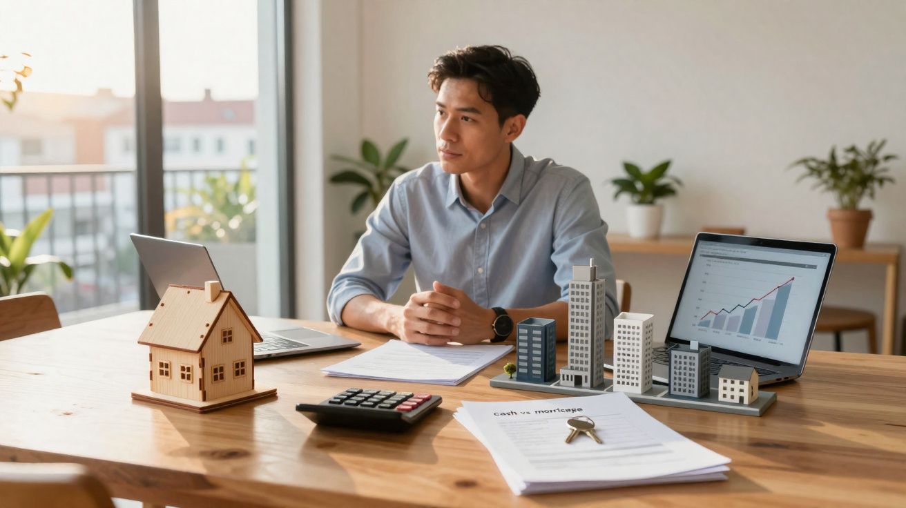 Homem sentado à mesa com maquetes de casas, calculadora e documentos sobre hipoteca e mercado imobiliário.
