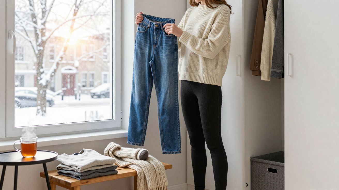 Mulher segurando calças de ganga perto de janela com vista para neve, rodeada de roupa dobrada e chá quente.