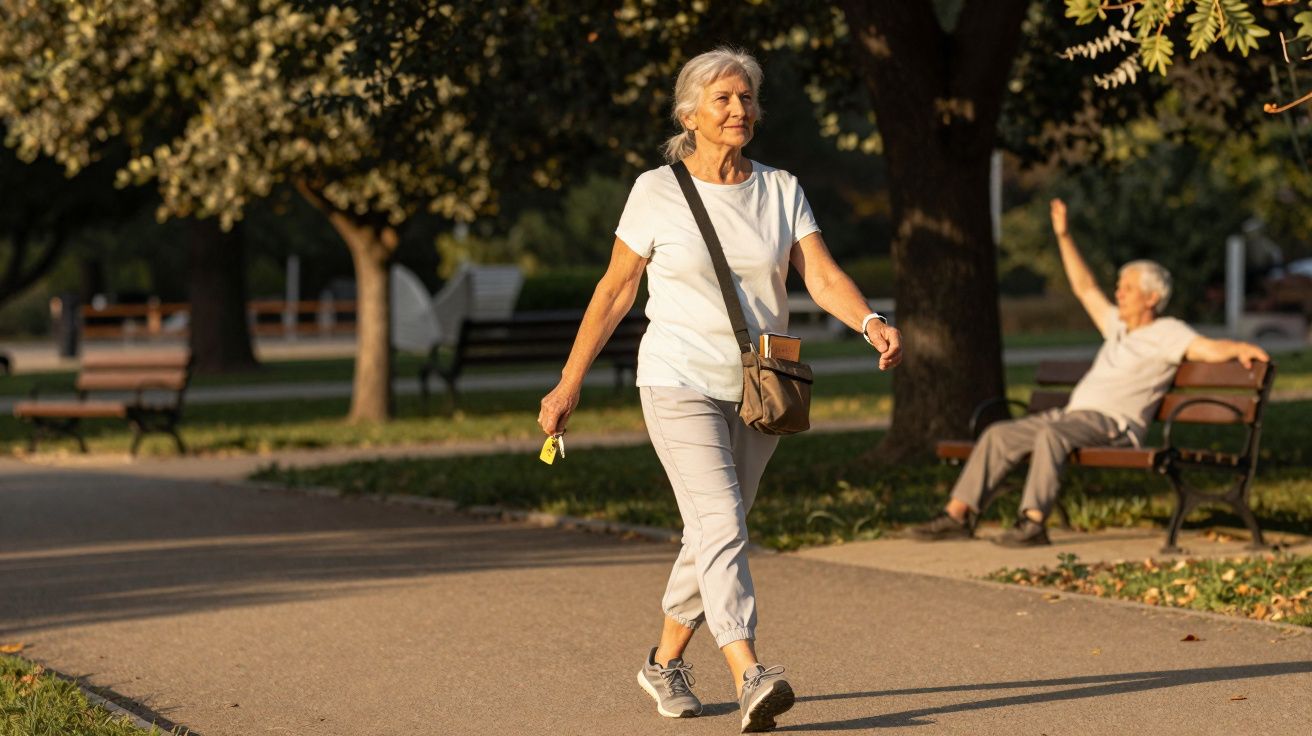 Mulher idosa a caminhar num parque ao entardecer com arvoredo e bancos ao fundo.