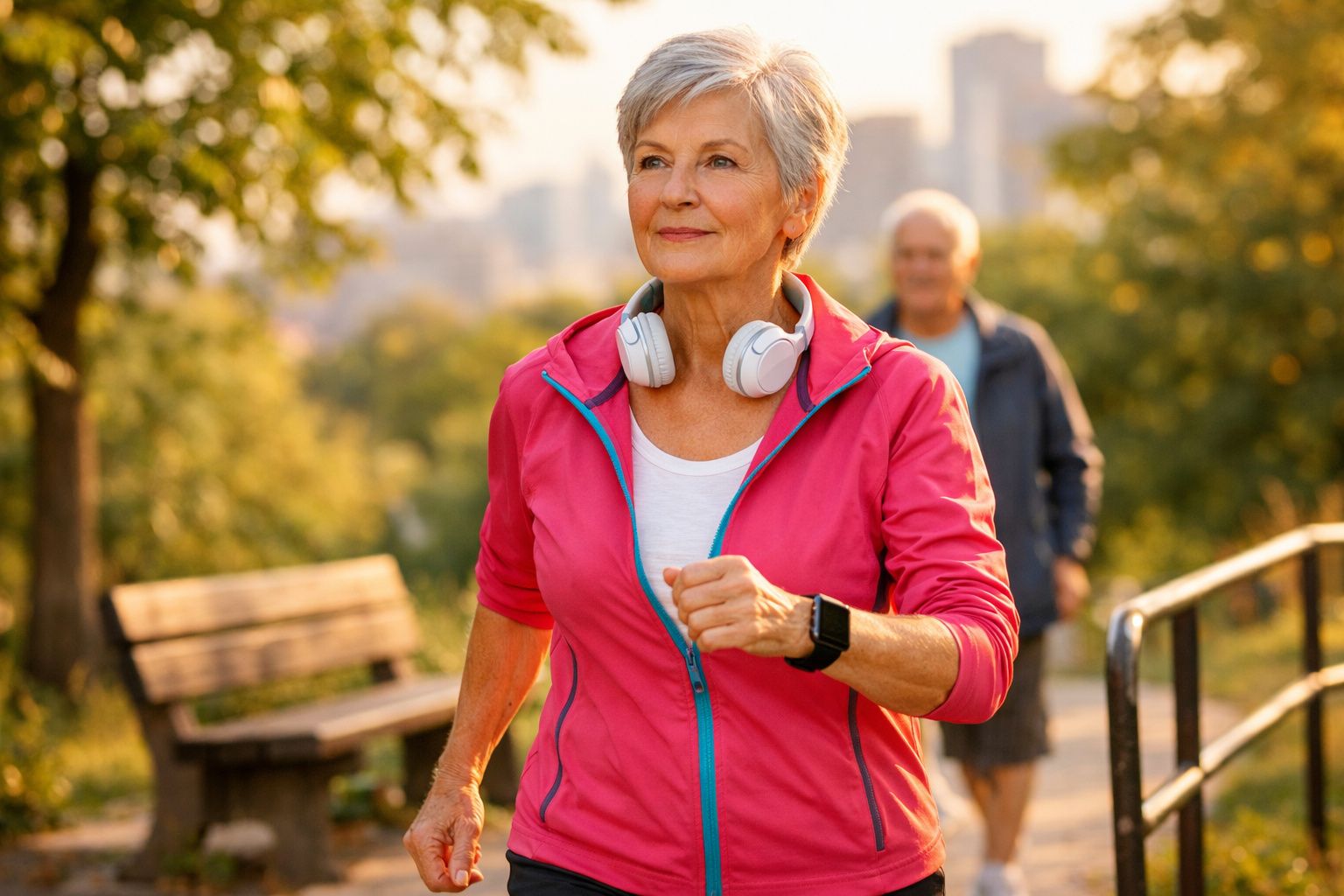 Mulher sénior com headphones a caminhar num parque ao ar livre, com um homem ao fundo.
