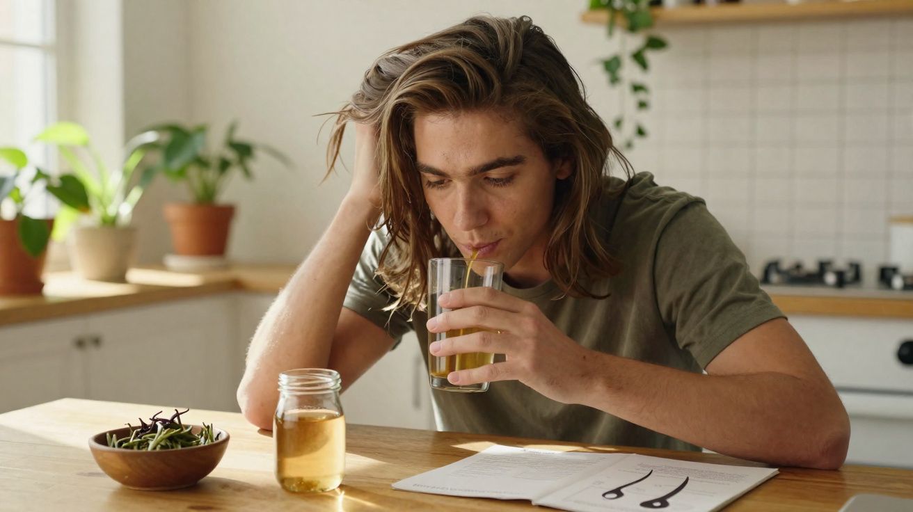 Jovem sentado à mesa a beber sumo e a ler um livro numa cozinha luminosa com plantas.