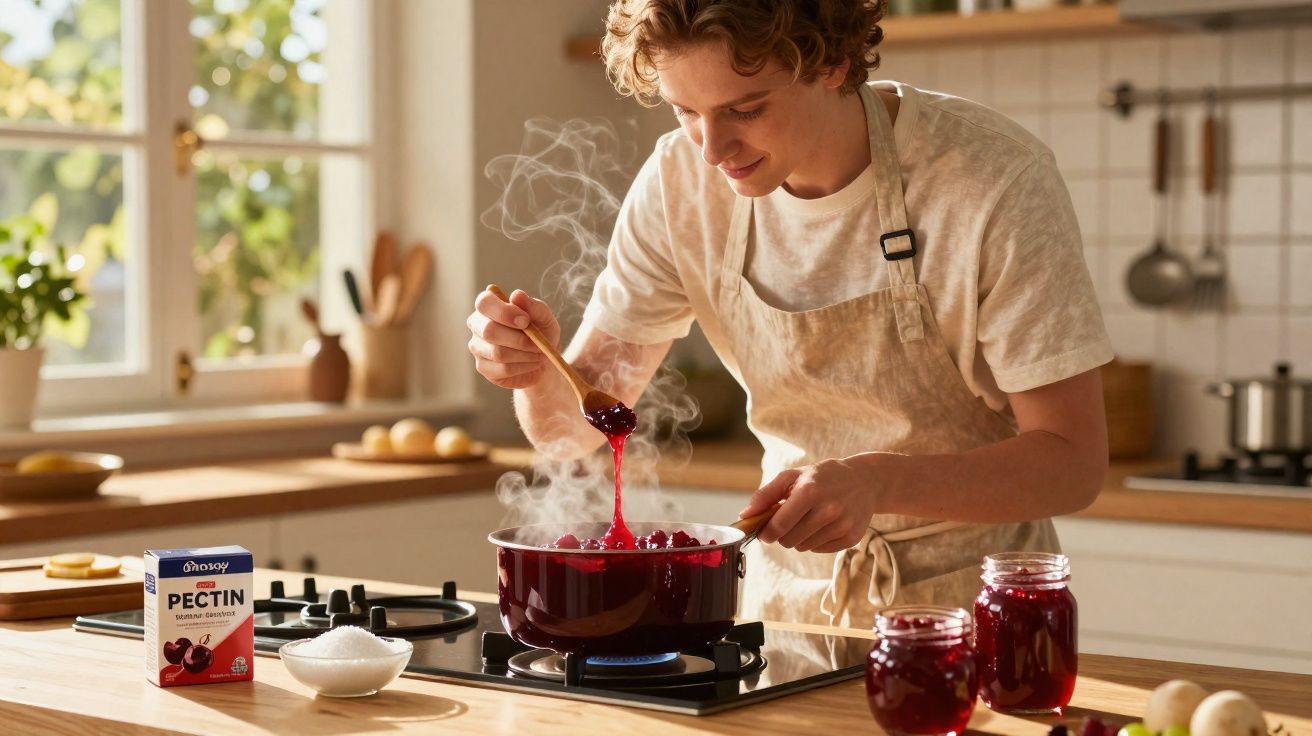 Homem a preparar compota quente numa panela na cozinha, com frascos de compota e ingredientes na bancada.
