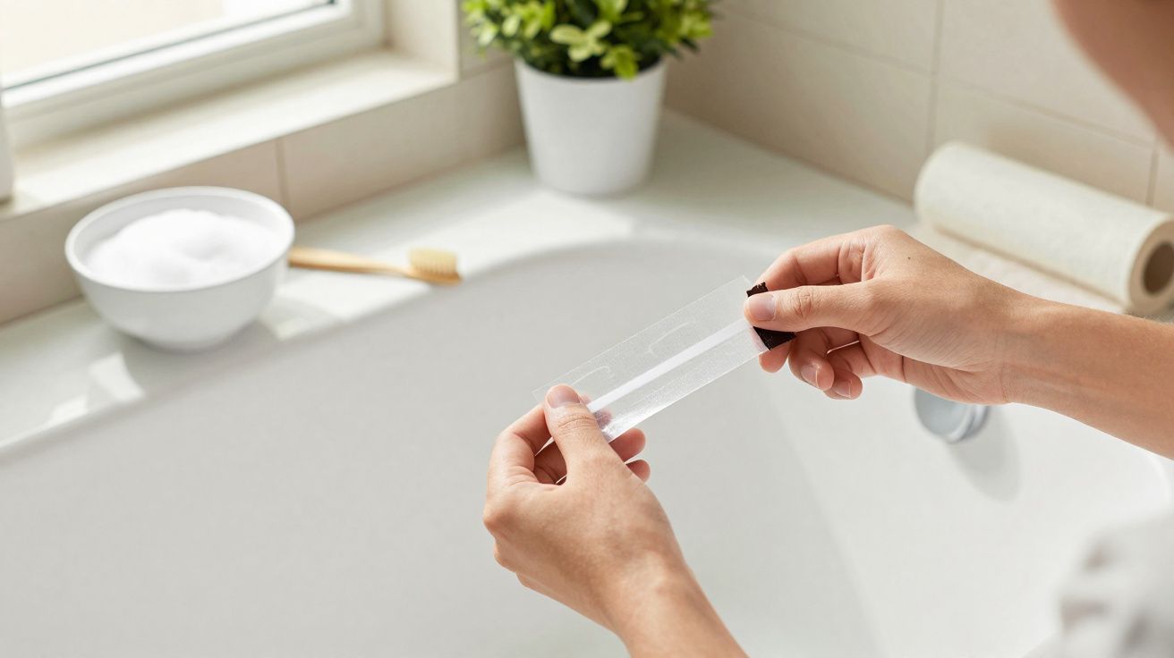 Mãos seguram duas tiras de teste em ambiente de casa de banho junto a banheira e janela.