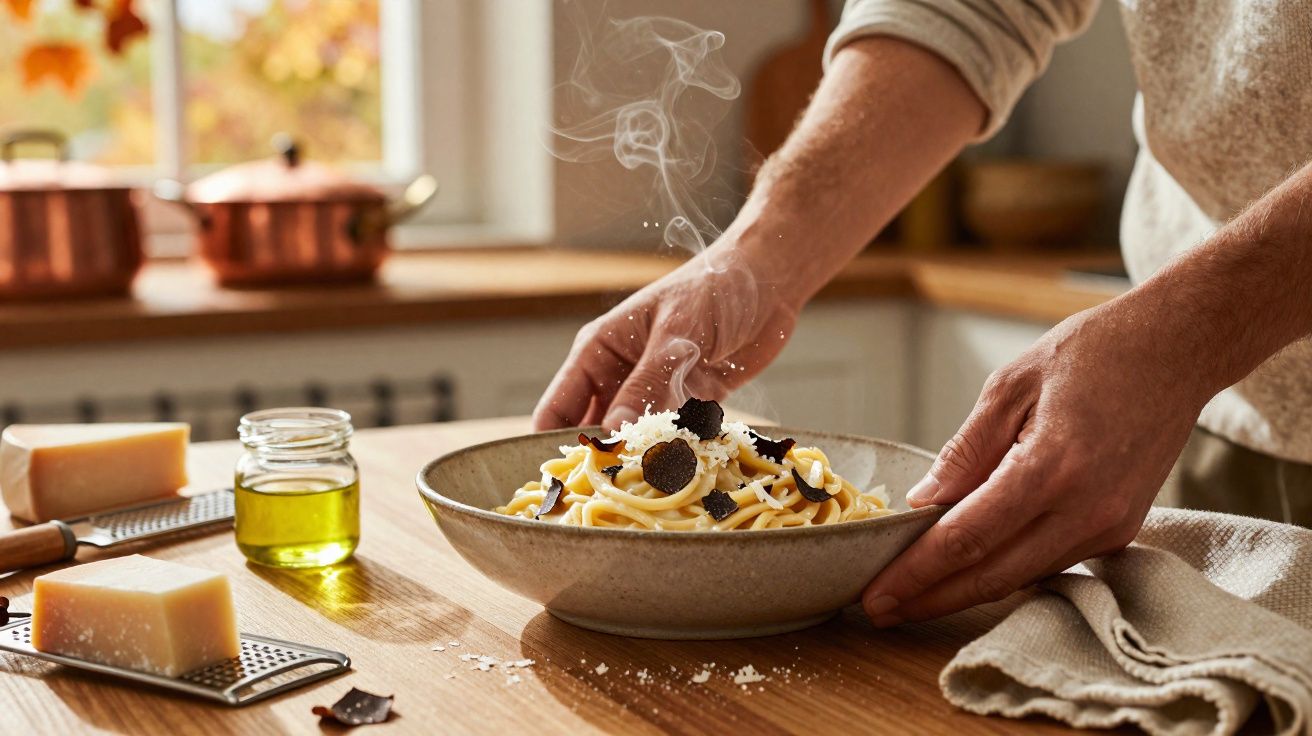 Mãos a servir prato de massa com queijo ralado e trufas numa cozinha iluminada a seguir janela.