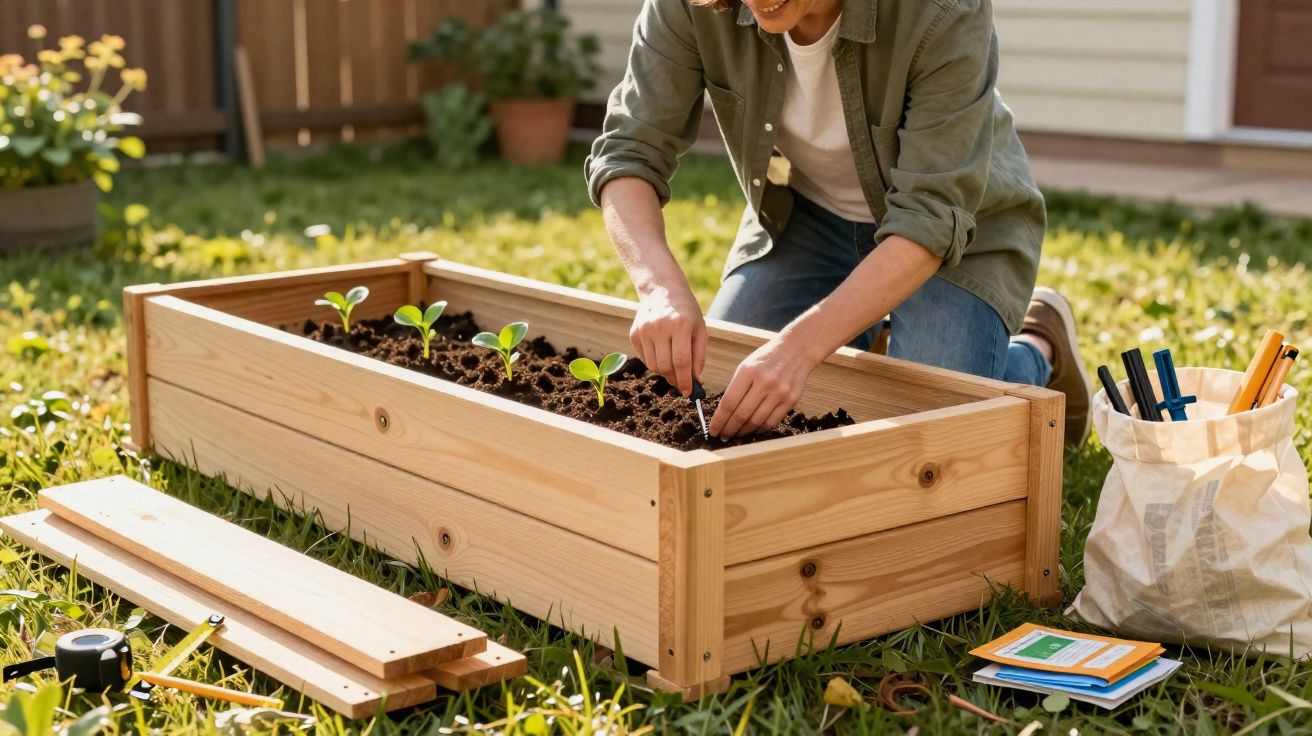 Pessoa a plantar mudas numa caixa de madeira num jardim ensolarado.