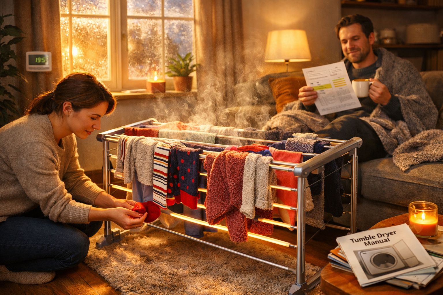 Casal relaxa em sala acolhedora com roupas a secar numa estendal interior quente e húmido.