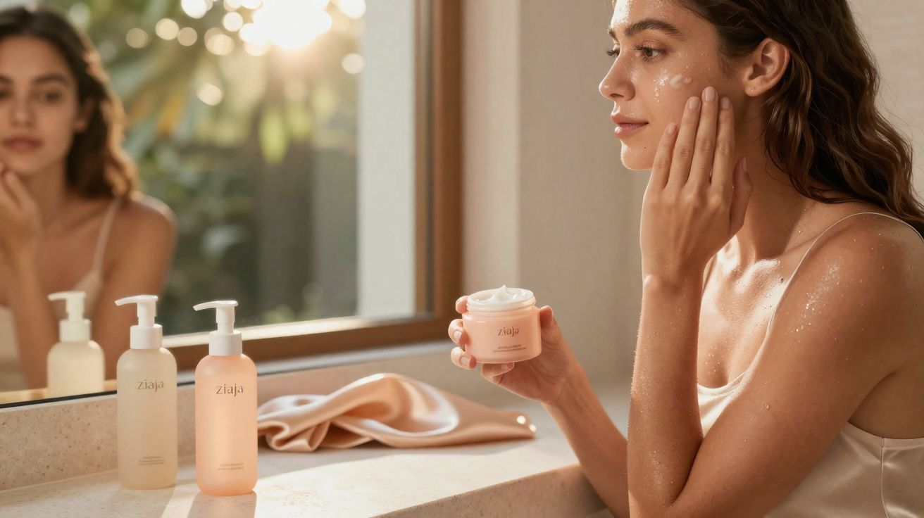 Mulher aplica creme facial ao lado de espelho, com produtos de cuidado de pele sobre a bancada.