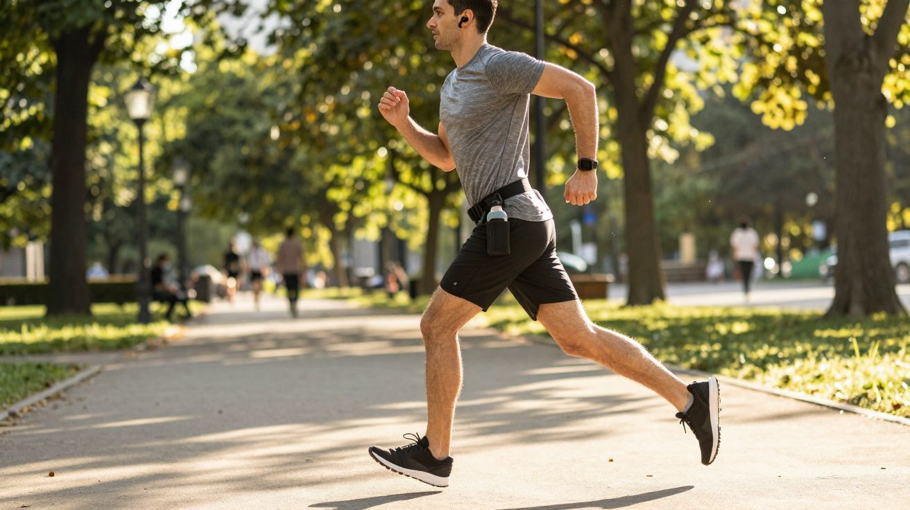 Homem a correr num parque verde, com roupa desportiva cinzenta e preta, ao entardecer.