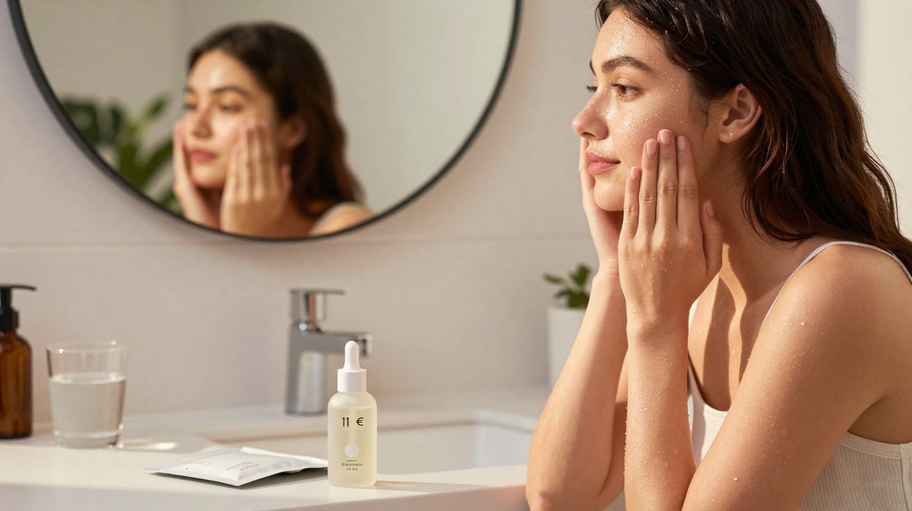 Mulher aplica sérum hidratante no rosto junto a espelho num banheiro claro e moderno.