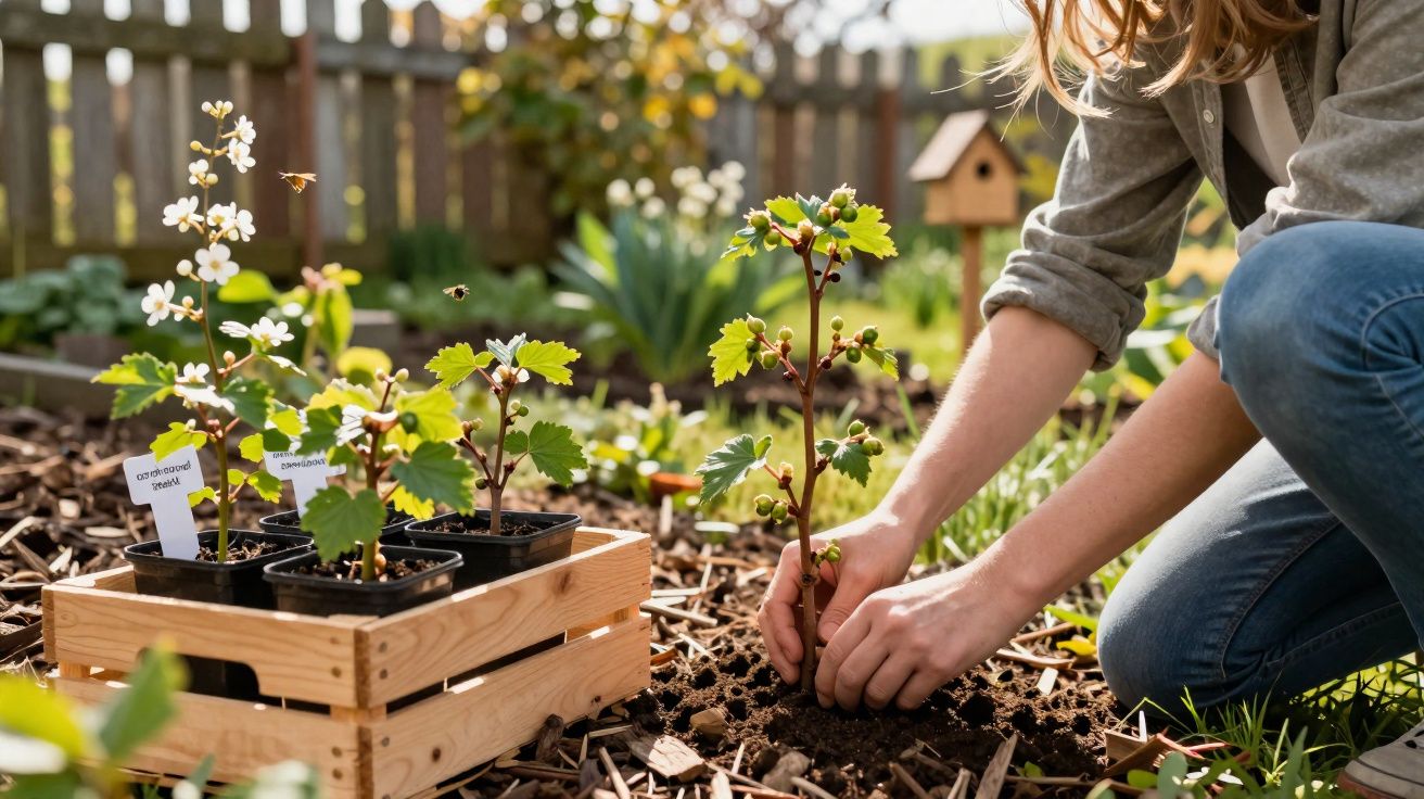 Pessoa a plantar uma muda num jardim com várias plantas e abelhas em redor.