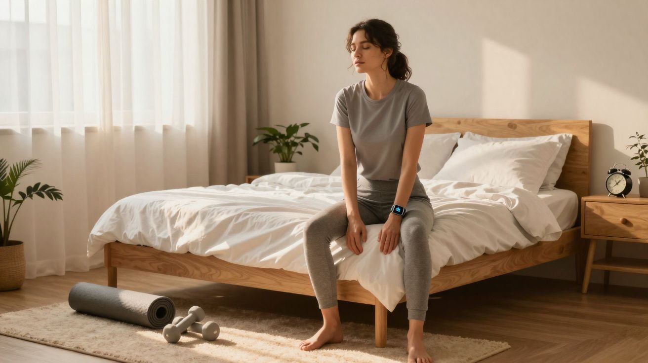 Mulher sentada na beira da cama num quarto iluminado, com tapete, peso e tapete de yoga no chão.