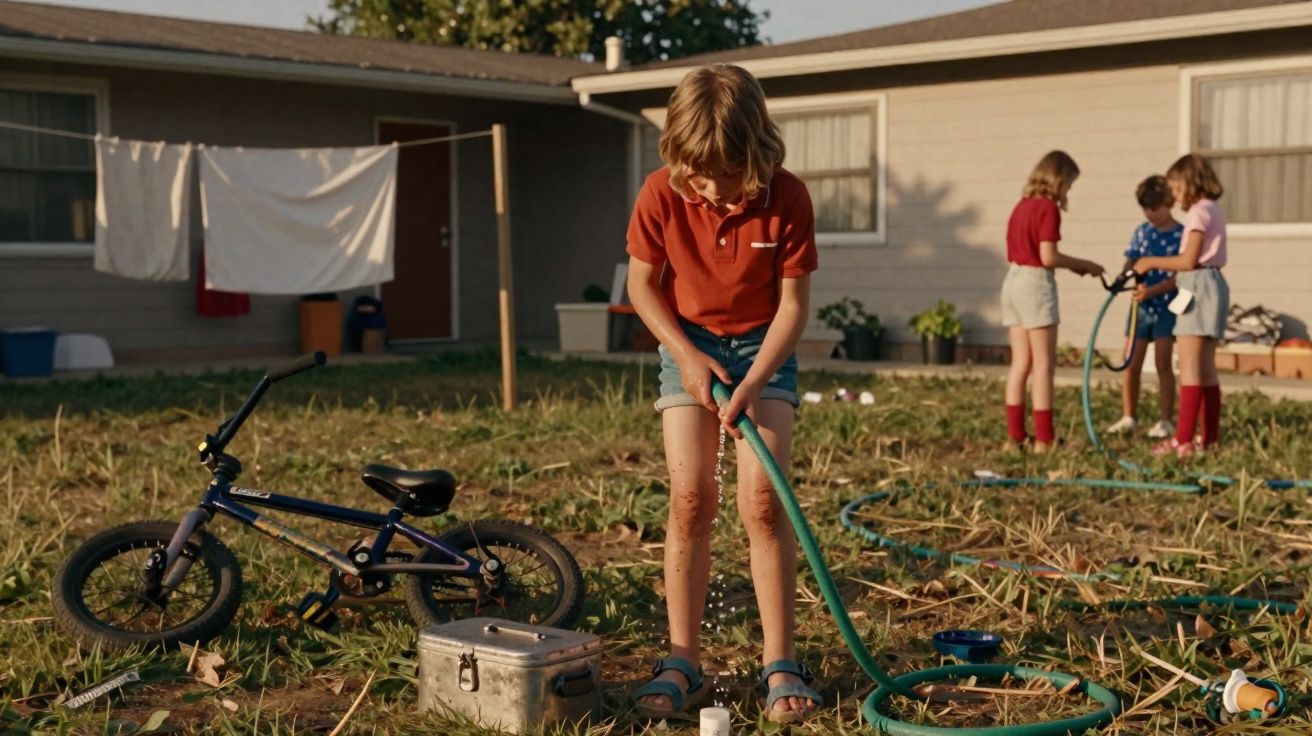 Criança com camisa vermelha e calções azuis rega o jardim com mangueira, bicicletas e outras crianças ao fundo.