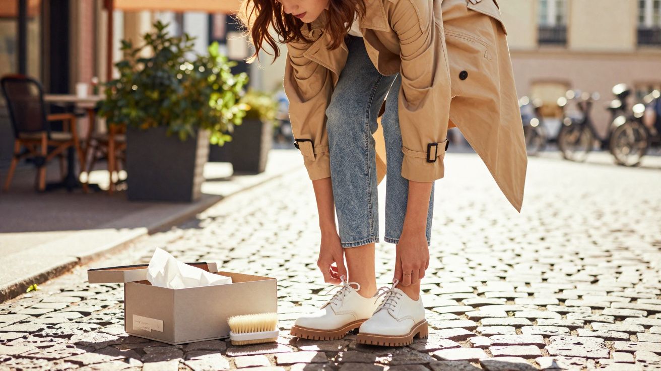 Mulher a calçar sapatos brancos novos numa rua empedrada, ao lado de caixa e escova.