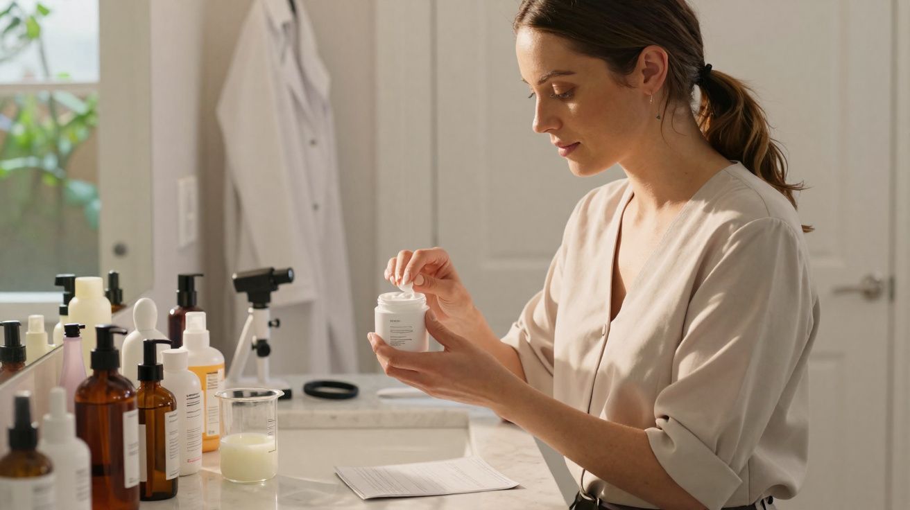 Mulher segura frasco de suplemento num lavatório com vários frascos de cosméticos à sua frente.