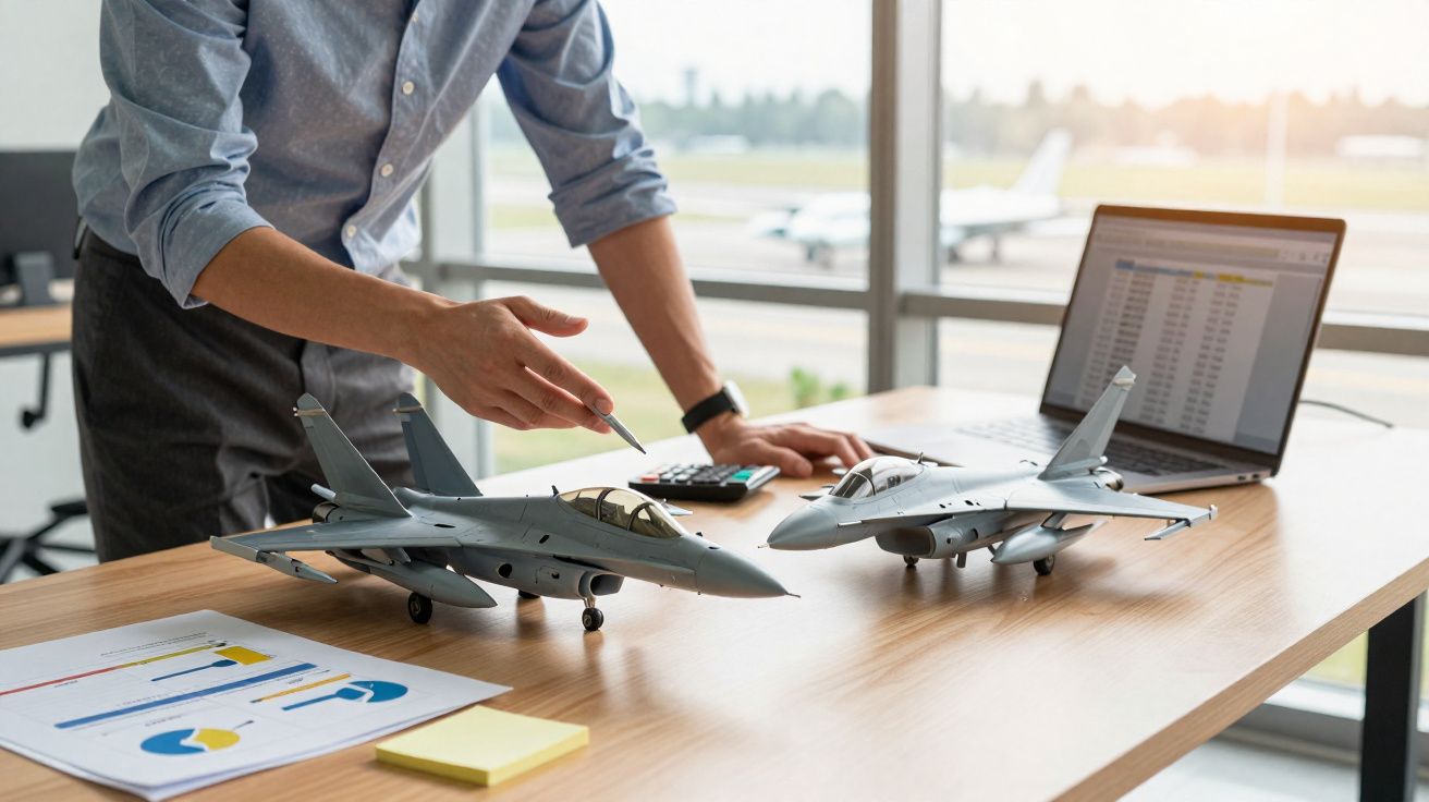 Pessoa a apontar com caneta para maquetas de aviões militares numa mesa de escritório com portátil e gráficos.