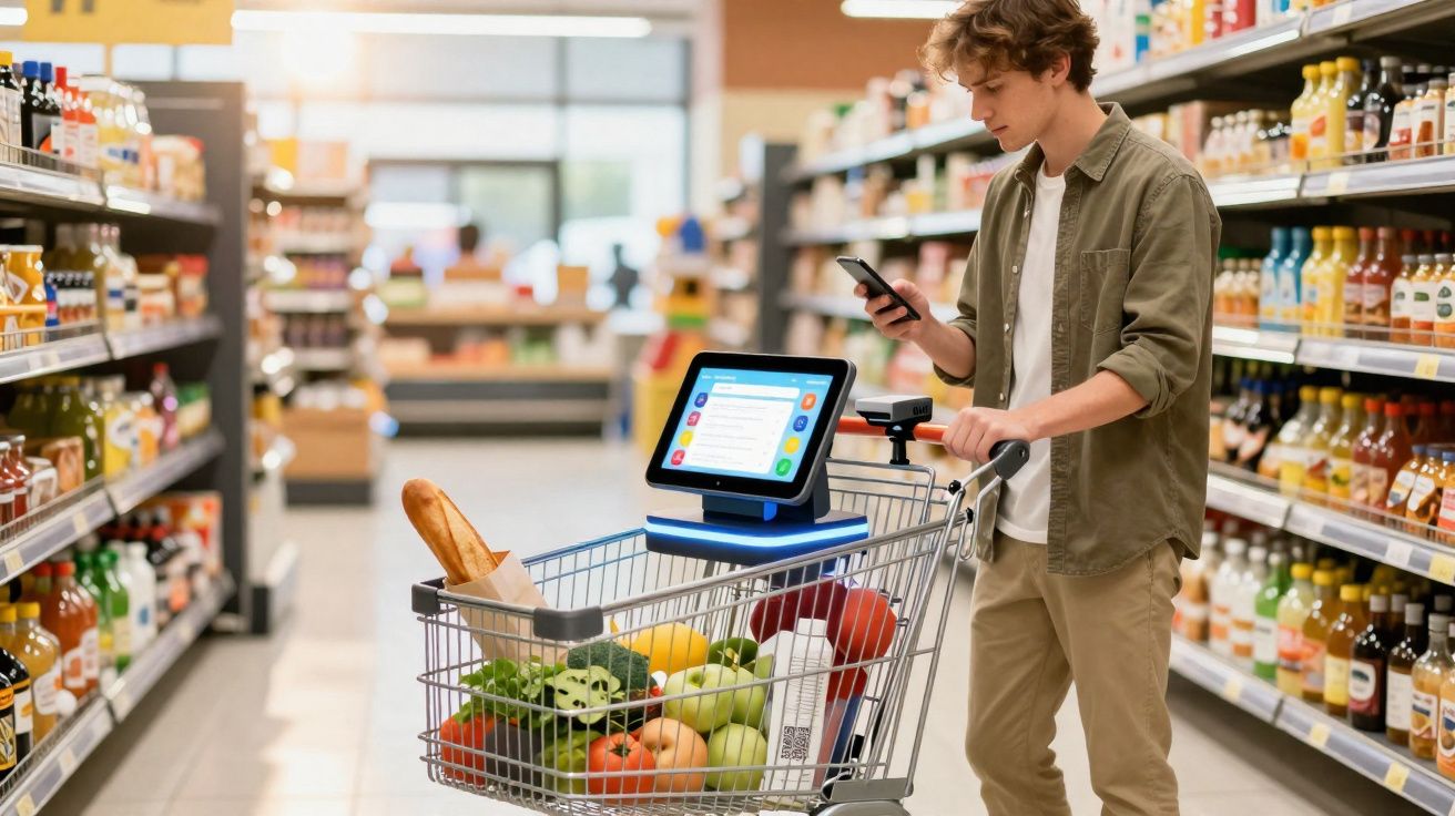 Homem jovem consulta telemóvel enquanto faz compras com carrinho equipado com ecrã digital no supermercado.