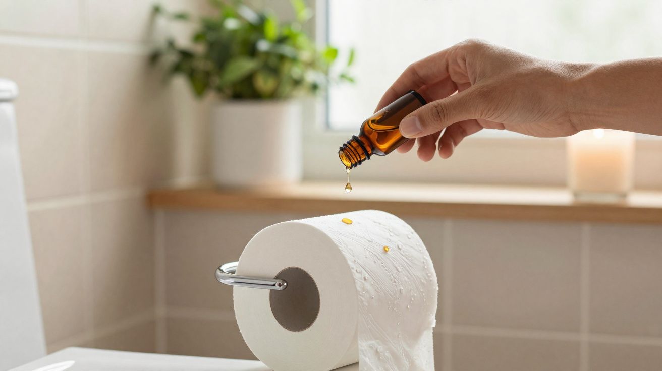 Mão a pingar óleo essencial num rolo de papel higiénico com plantas e vela ao fundo.