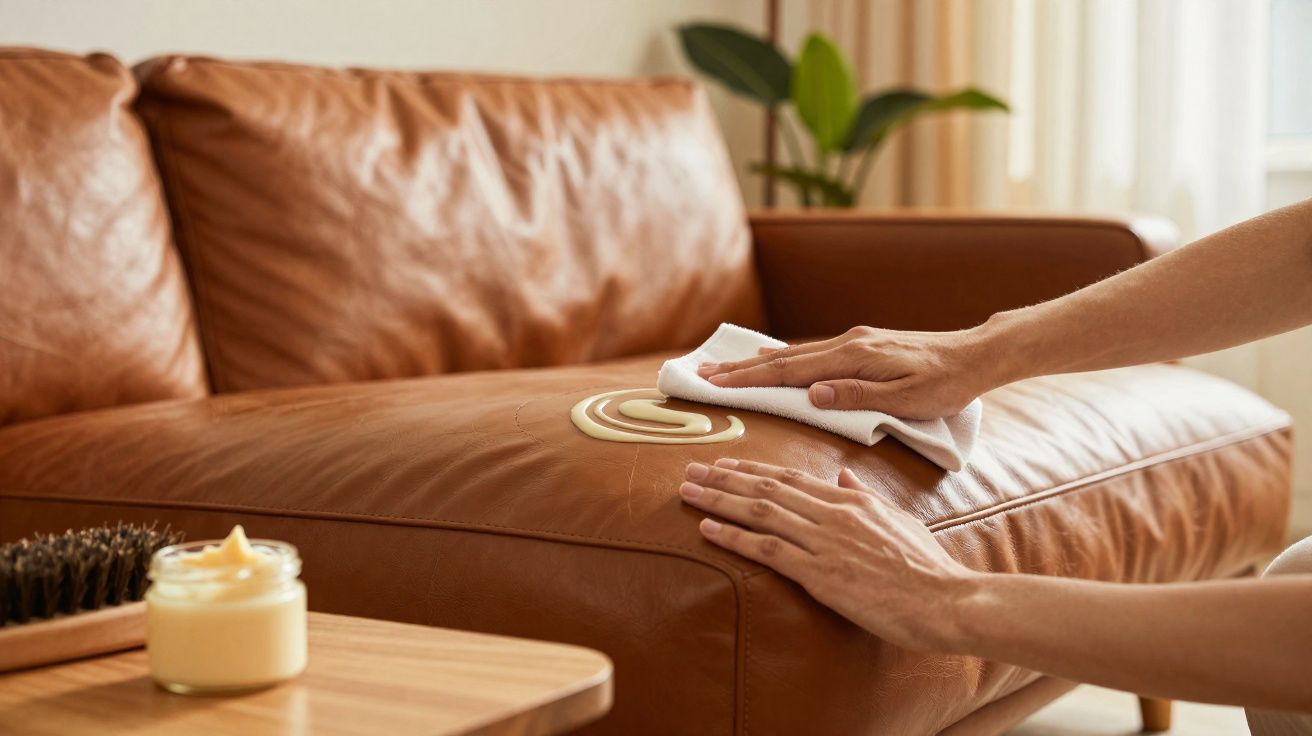 Mãos aplicam creme para pele num sofá de couro castanho para limpeza e hidratação.