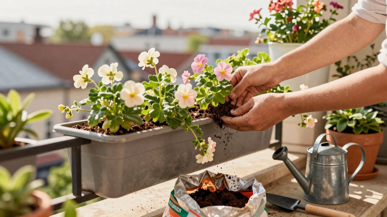 Mãos a plantar flores rosas e brancas em vaso retangular num terraço ensolarado, com regador e terra.