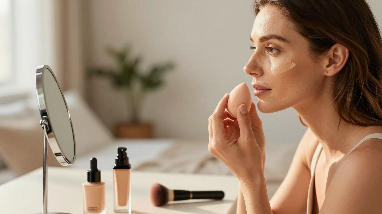 Mulher a aplicar maquilhagem com esponja junto a um espelho e frascos de base de rosto numa mesa.