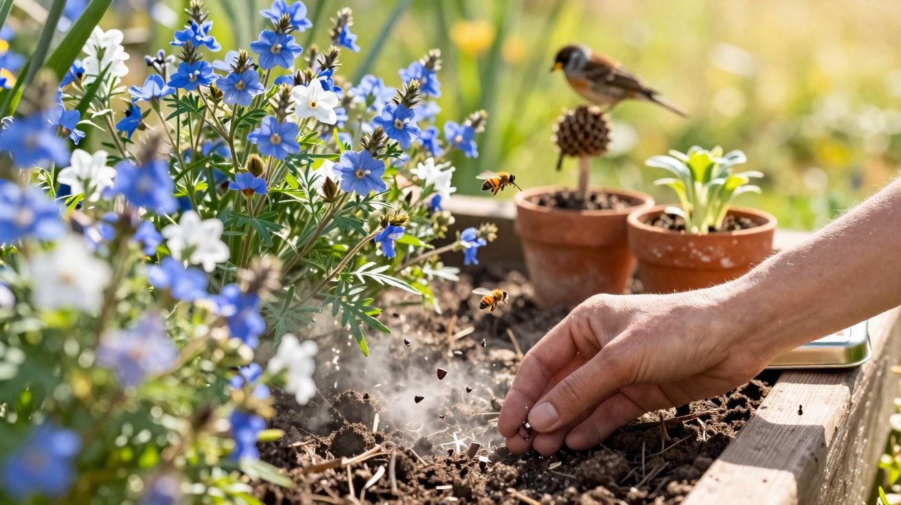 Mão a semear sementes em terra húmida com flores azuis, pequenas abelhas e vasos de plantas ao fundo.