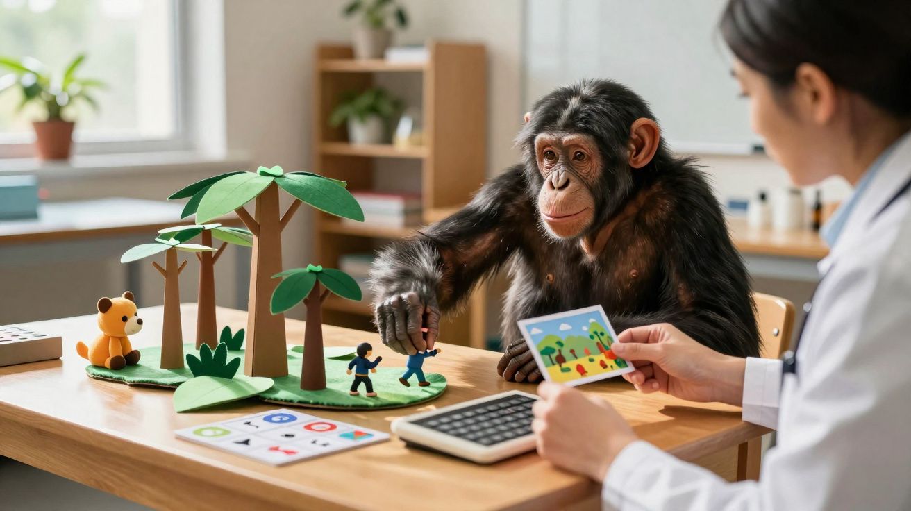 Chimpanzé interage com terapeuta usando brinquedos e figuras numa mesa numa sala iluminada.