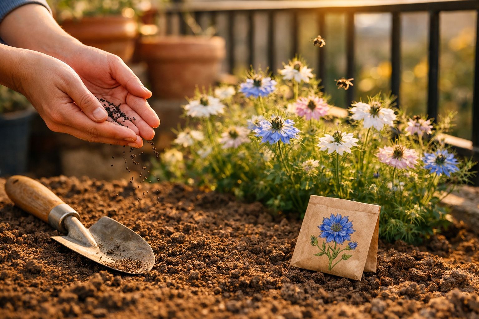 Mãos semeando sementes num jardim com flores coloridas, pá de jardim e pacote de sementes.
