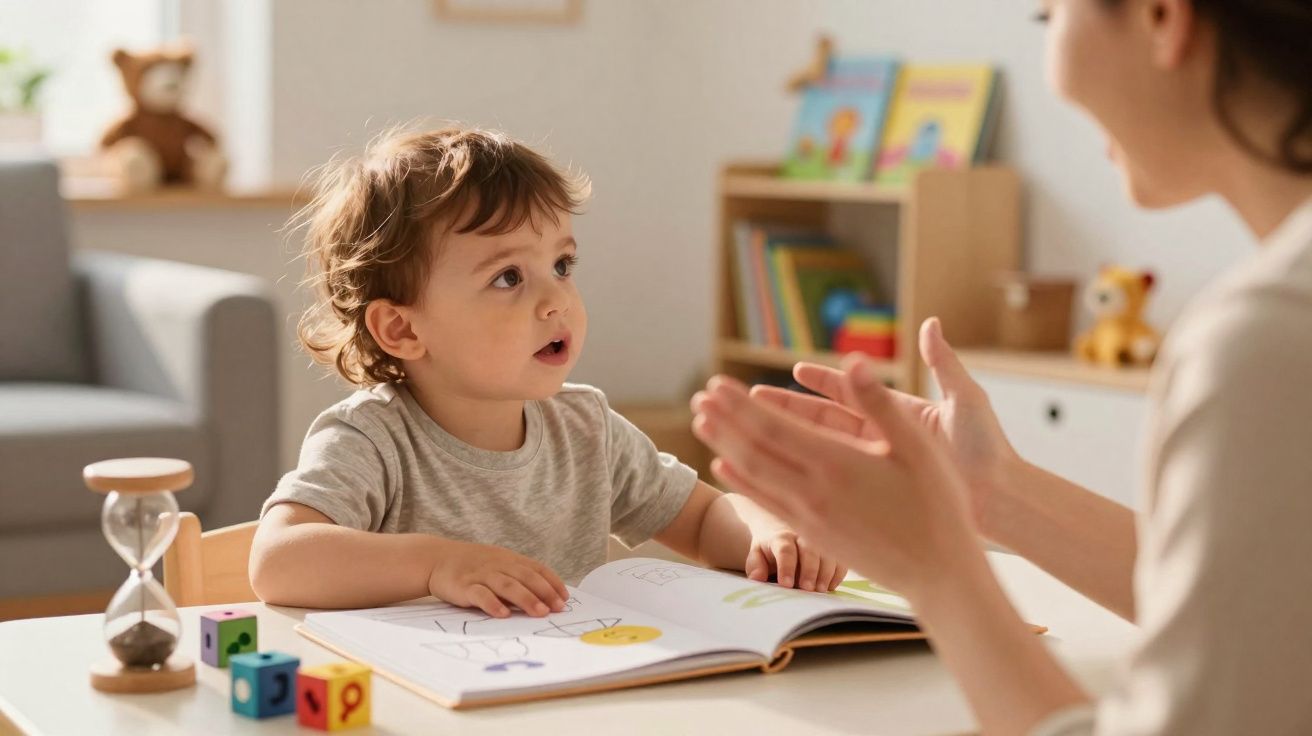 Criança a ouvir atentamente adulto enquanto aprendem juntos com livro e blocos coloridos numa mesa.