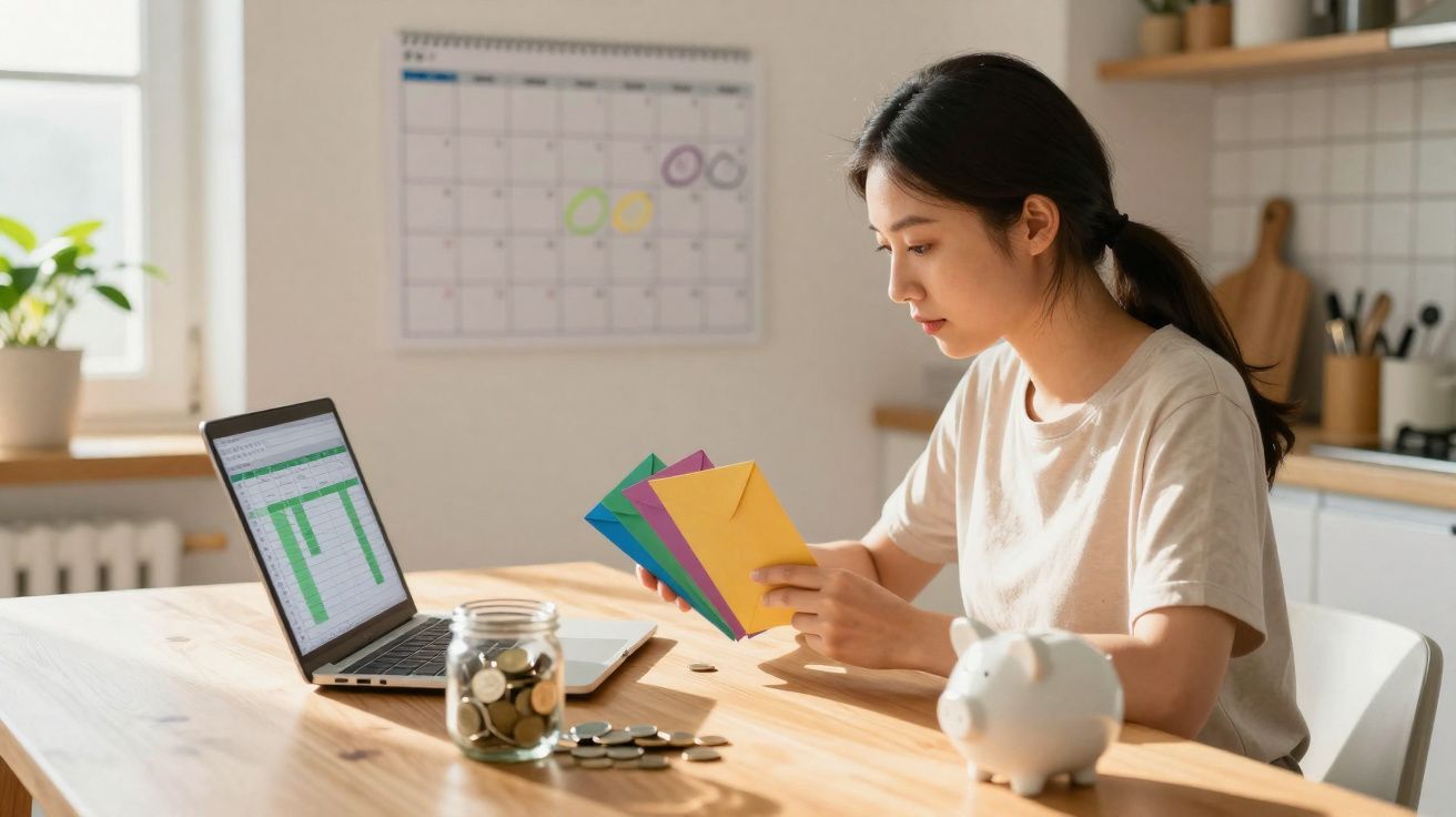 Mulher sentada a contar dinheiro, com envelopes coloridos, jarro de moedas e computador numa mesa.