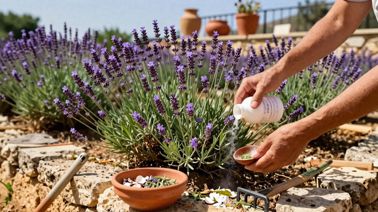 Pessoa a aplicar pó branco em plantas de lavanda num jardim com ferramenta de jardinagem.