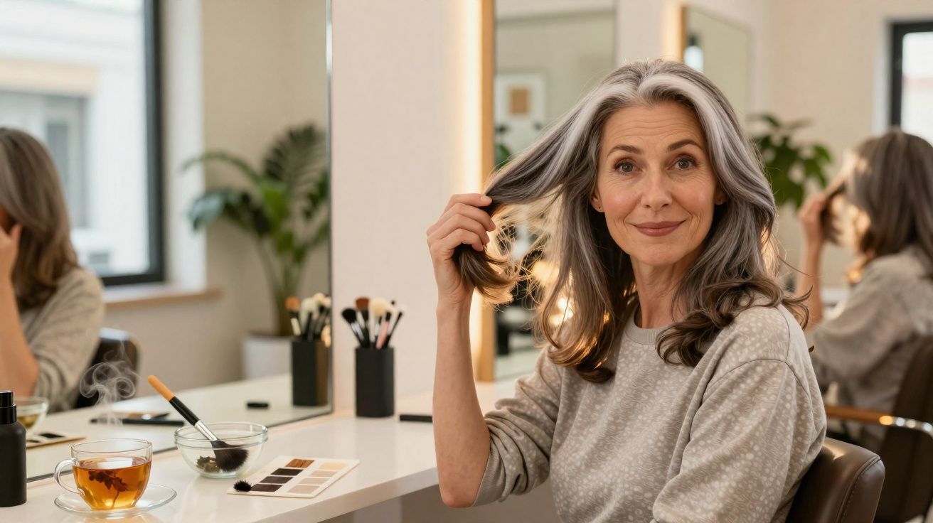 Mulher com cabelo grisalho sentado à secretária com espelho e chá quente num ambiente luminoso.
