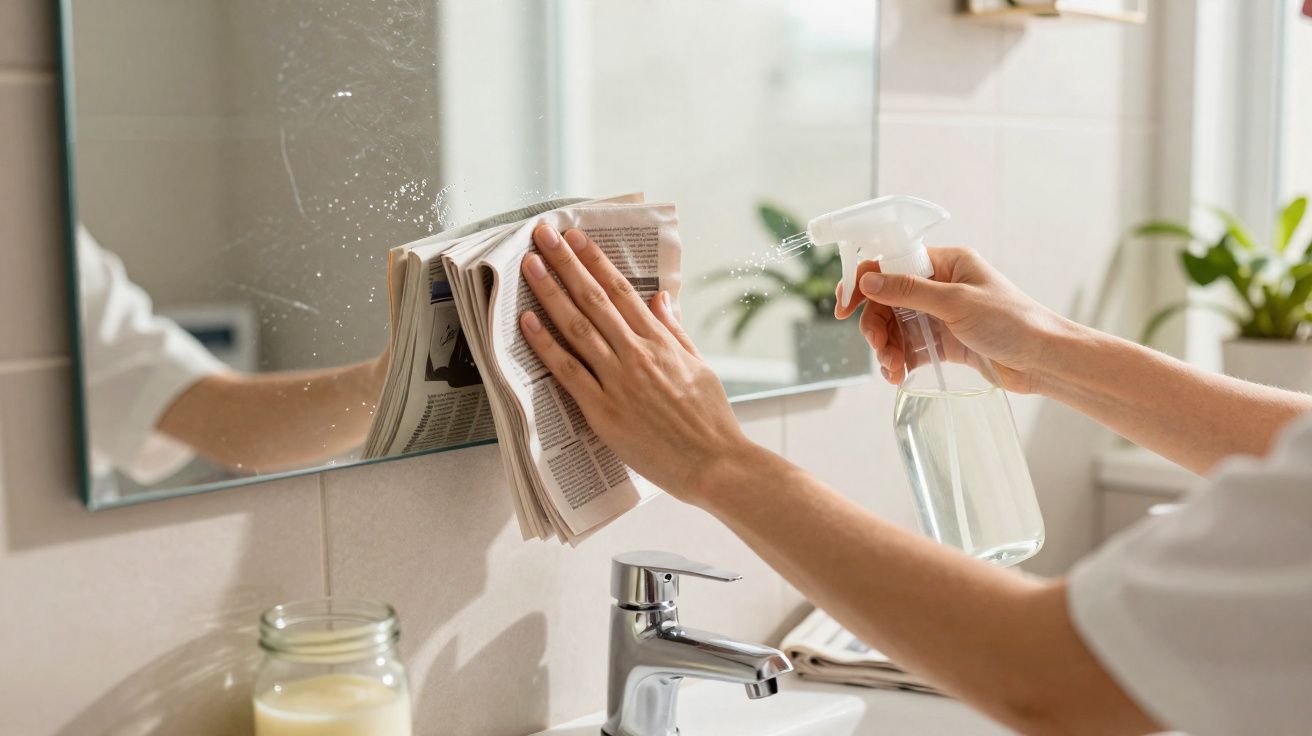 Pessoa a limpar espelho de casa-de-banho com papel e pulverizador de limpeza.